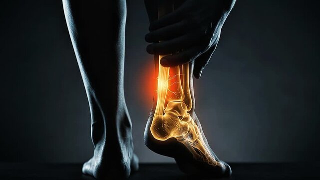 Ankle Joint Pain Injury 3D Medical Animation Foot Anatomy Achilles Tendon Bone X-Ray Glowing Dark Background