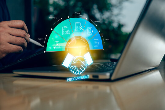 Digital Procurement Management Workflow Dashboard Showing Supplier Sourcing RFQ Approval Purchase Order and E Signature Process on Laptop Interface for Modern Enterprise Supply Chain Operations