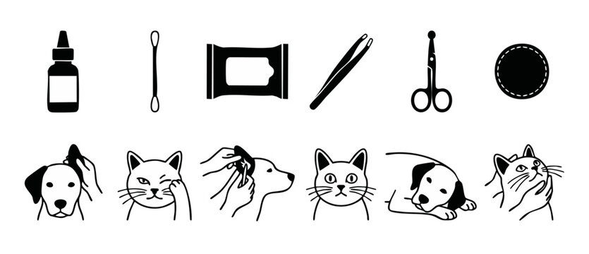 Pet care ear cleaning icon set vector illustration of dog and cat grooming veterinary hygiene medical supplies drops wipes cotton swabs flat design minimalistic health routine isolated background