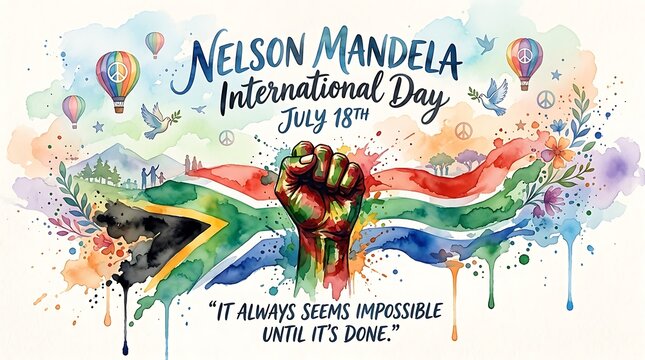 Nelson mandela international day watercolor illustration with south african flag