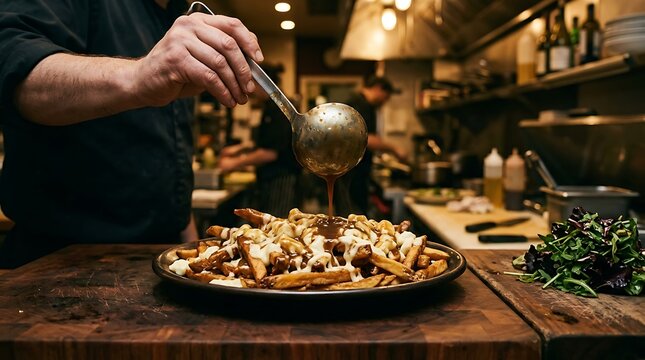 Chef pouring gravy over poutine fries in a professional restaurant kitchen