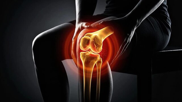 Knee Joint Pain Inflammation 3D Medical Animation Human Leg Anatomy Bone X-Ray Glowing Red Dark Background