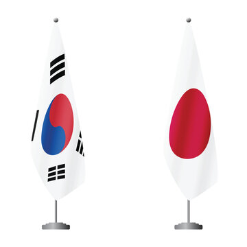 South Korea and Japan flags on flagpoles for official ceremonies and meetings, transparent background vector