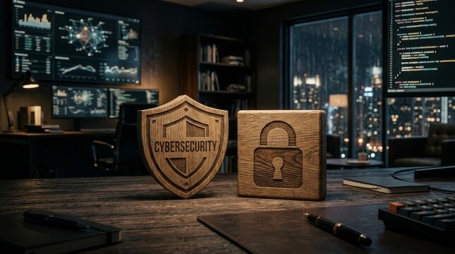 Wooden cybersecurity shield and lock on desk