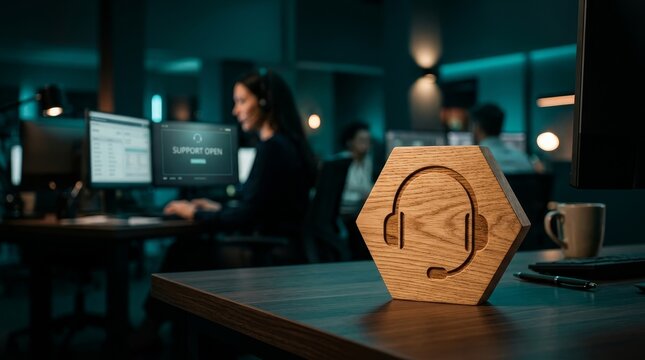 Wooden headset icon on desk with blurred call center background