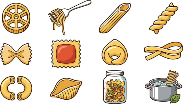 Italian pasta collection featuring spaghetti penne fusilli ravioli farfalle macaroni conchiglie and cooking pot food illustrations