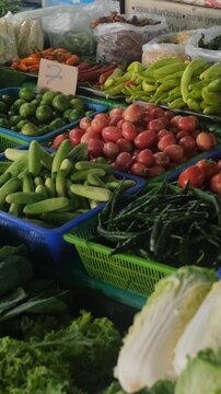 Vertical video. Vibrant array of fresh vegetables including cabbage, tomatoes, daikon radish, chili, lime, mango, Thai basil, choy sum and other on a Thai market counter. Fresh produce concept