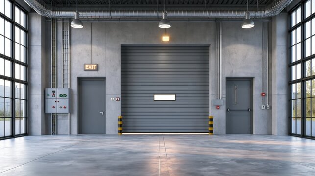 Empty industrial warehouse interior featuring a large closed roller door, side doors, and high ceilings.