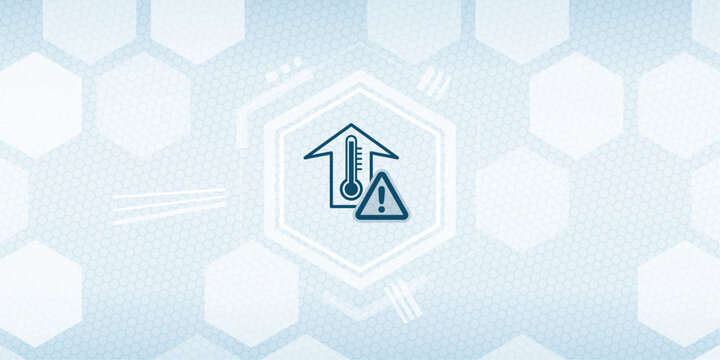 High temperature warning vector graphic design showing a thermometer rising symbol with an alert sign on a technical hexagonal digital background for modern industry monitoring systems.