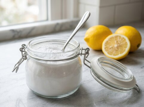 Jar of Baking Soda with Lemons and Spoon for Natural Cleaning and Baking
