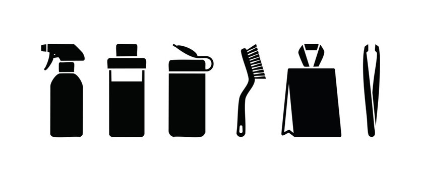Cleaning tool icon vector silhouette set for household sanitizing hygiene and cosmetic care tasks featuring spray bottle, scrub brush, paper bag, plastic bottles, and tweezers on white background art.
