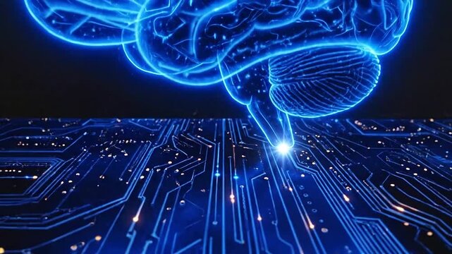 A glowing digital brain hovering above a complex circuit board