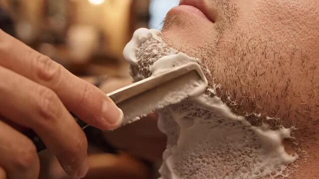Sharp razor blade shaving foam on male face suitable for grooming or personal care product promotions in advertising or packaging design.