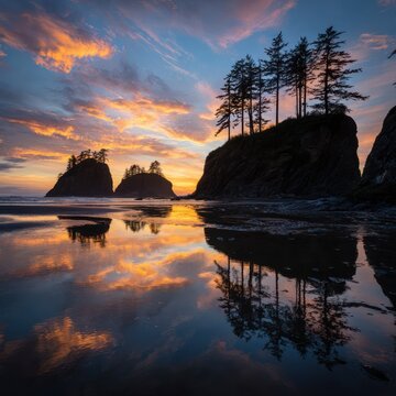 Scenic Coastal Landscape During Sunset with Rocky Cliffs and Tall Pine Trees Reflecting in Calm Water