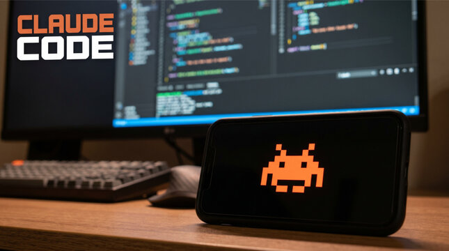 Claude Code AI assistant for programming and software development by Anthropic, featuring the logo on a smartphone screen in front of a computer monitor displaying source code in a workspace.
