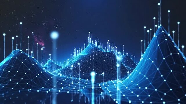 A glowing digital landscape with abstract data points and lines