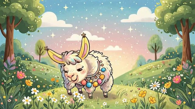 Adorable Llama in a Magical, Colorful Forest Scene