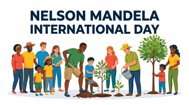 Nelson Mandela International Day Vector Illustration with Diverse Group of People Planting Trees, Community Service and Volunteering Concept Banner