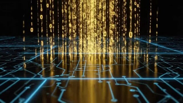 Golden binary code data stream flowing through a futuristic circuit board network.