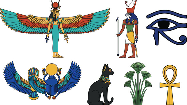 Ancient Egyptian Mythology Vector Icon Set with Winged Isis Horus Eye of Horus Winged Scarab Bastet Cat Papyrus and Ankh Cross for Historic Educational Branding Designs