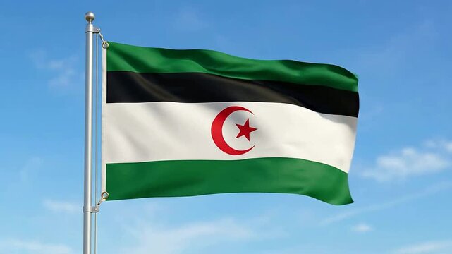 Algerian flag waving in the wind against blue sky