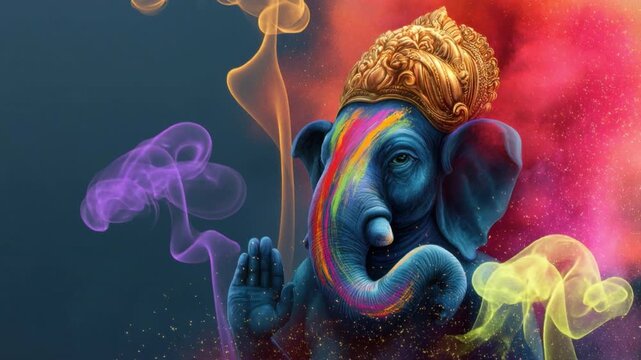 Artistic digital rendering of elephant head with colorful paint splashes and ornate golden crown on dark background evoking cultural and spiritual symbolism
