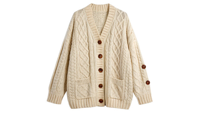 Cozy beige knitted cardigan sweater jacket with buttons isolated on a transparent background fashion apparel