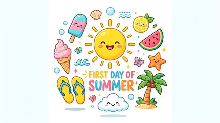 Fototapeta premium Colorful first day of summer illustration with ice cream sun flipflops and tropical fruits celebration