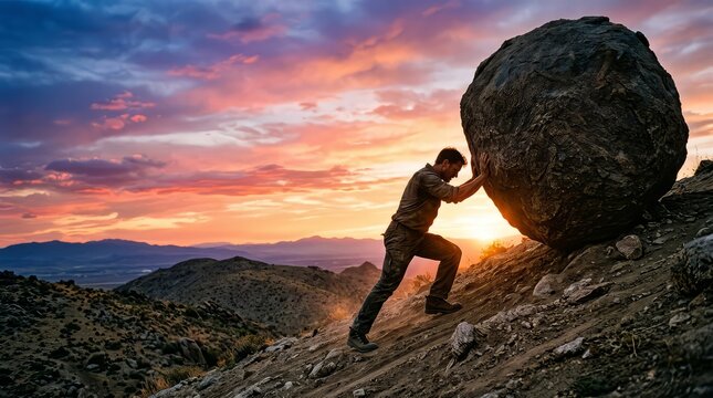 Determined man pushing a heavy boulder up a steep mountain slope at sunset symbolizing persistence resilience and overcoming difficult life challenges