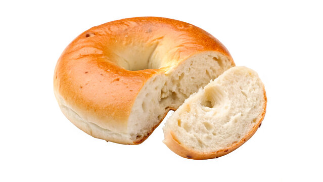 Freshly baked sliced bagel bread bun cut open isolated on a transparent background breakfast food