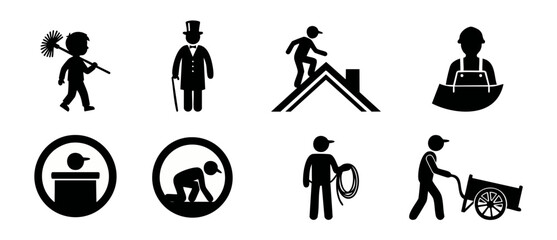 Obraz premium Chimney sweep worker silhouette icon set representing historical maintenance professions, manual labor occupations, municipal utility services, roofers, and industrial construction workers on a white.