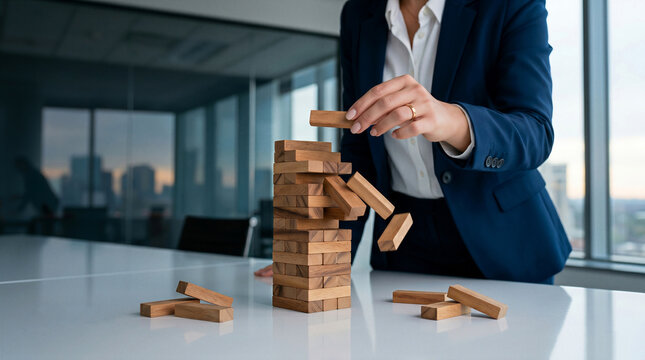 Businesswoman managing a collapsing wooden block tower in an office, representing corporate risk and crisis