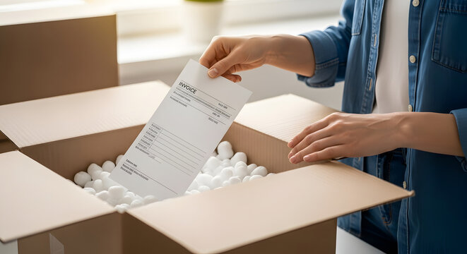 open cardboard package with invoice documents