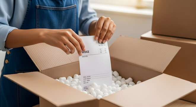 open cardboard package with invoice documents