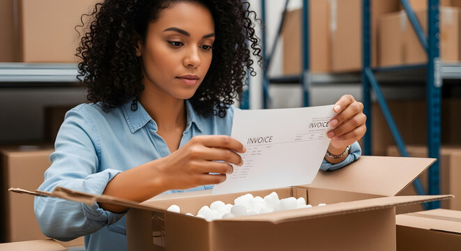 open cardboard package with invoice documents