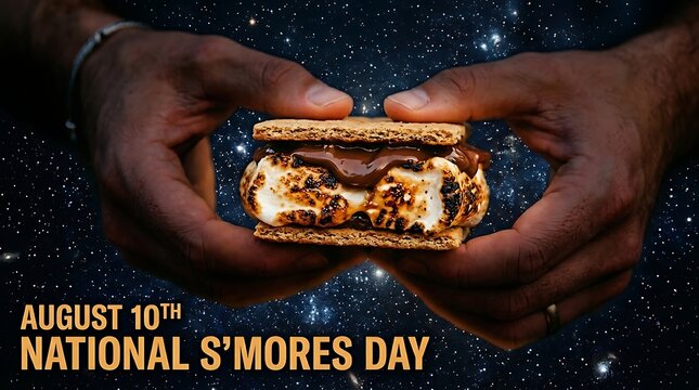 Delicious toasted marshmallow and chocolate smore held by hands under starry sky background
