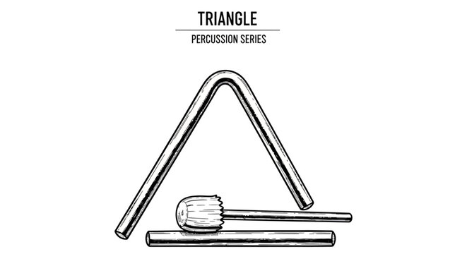 Vintage hand-drawn illustration of a triangle percussion instrument with its beater, part of a percussion series.