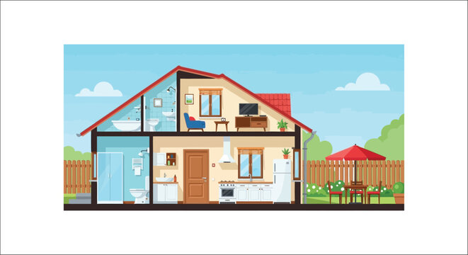House Cross section Illustration With Interior Details And Scenic Background