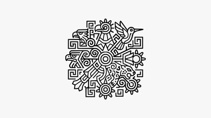 Intricate Aztec Sun Stone Inspired Design with Animals. © Ira