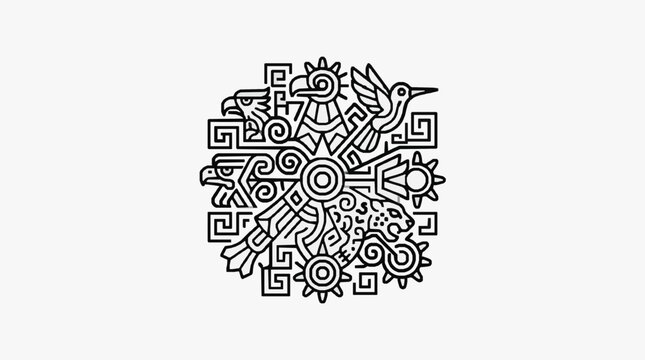 Intricate Aztec Sun Stone Inspired Design with Animals.