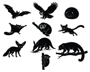 Fototapeta premium Nocturnal Animal Silhouettes Vector Set Isolated on White