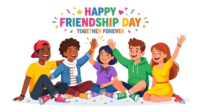 Happy group of diverse friends celebrating friendship day with high fives and smiles together forever