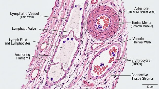 Detailed Microscopic View of Blood Vessels and Lymphatic System
