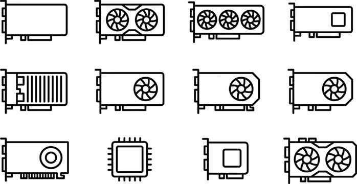 Computer graphics card collection with fans and cooling systems on white background vector illustration
