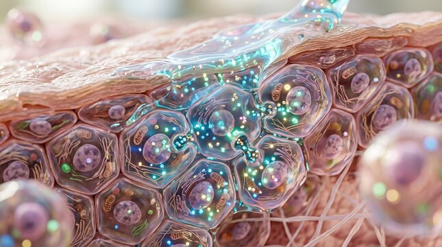 Close-up of human skin cells with nanoparticles