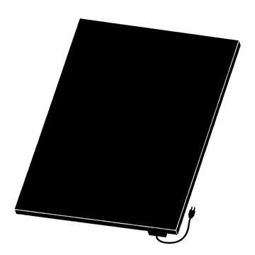 Black silhouette of a rectangular electric heating pad with a power cord and plug isolated on a white background in a simple vector illustration style