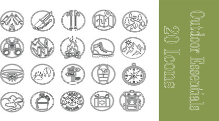 20 Essential Outdoor and Camping Line Icons. © MdJihad