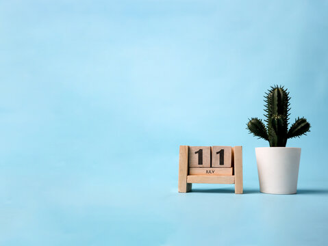 A wooden block calendar for July eleventh with a plastic cactus plant on the side. Simple and clean design on a soft blue background.
