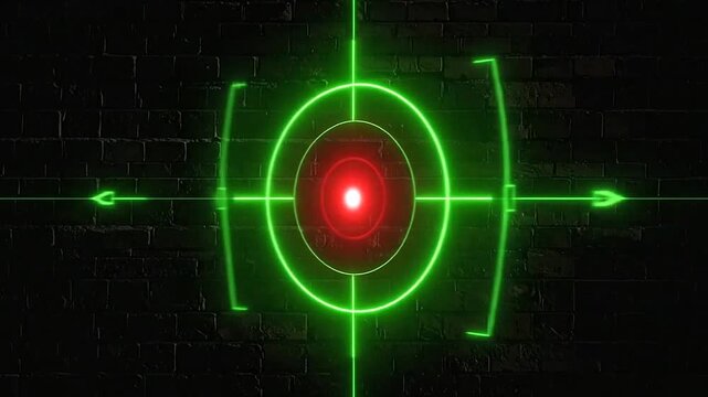 A glowing digital targeting reticle against a dark brick wall
