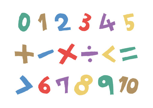 0から10までの数字と四則演算などで使用する記号の手描きイラストセット（カラフル）